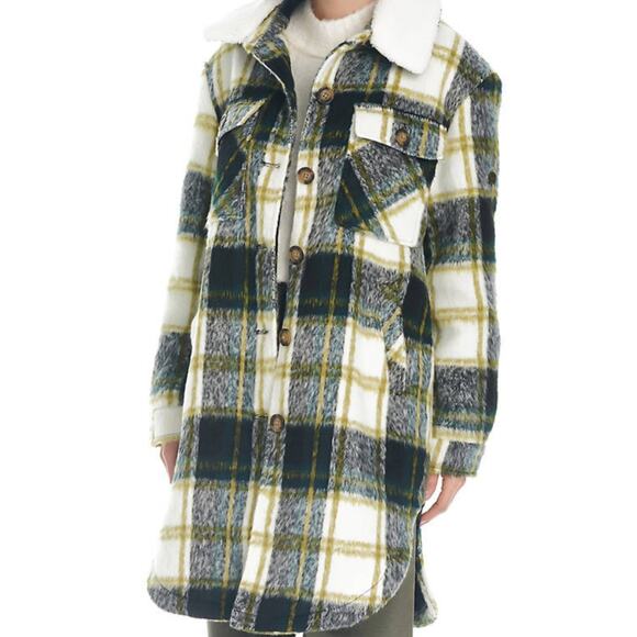 Koolaburra by UGG Coat Small  Faux Wool Plaid Shacket Sherpa Gold Green NEW - Picture 2 of 7